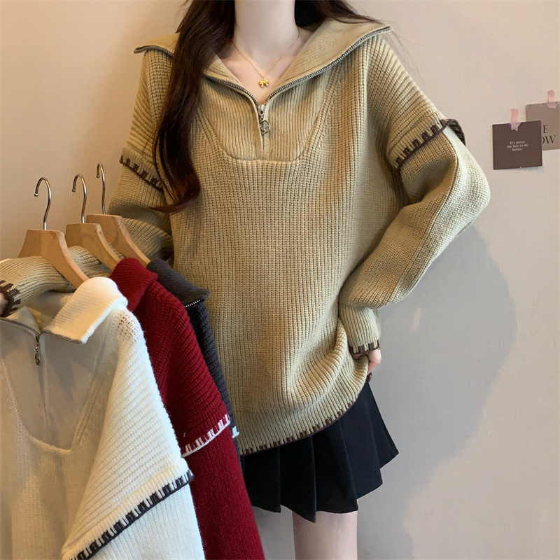 In stock, large size fat mm autumn and winter fashionable loose zipper lapel thickened soft waxy lazy style sweater for women