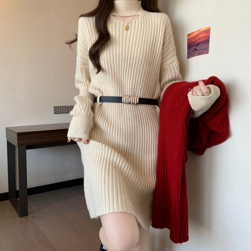 2024 Autumn and Winter New Large Size Fat MM Hollow Machine Collar Pullover Long Sleeve Dress Sweater