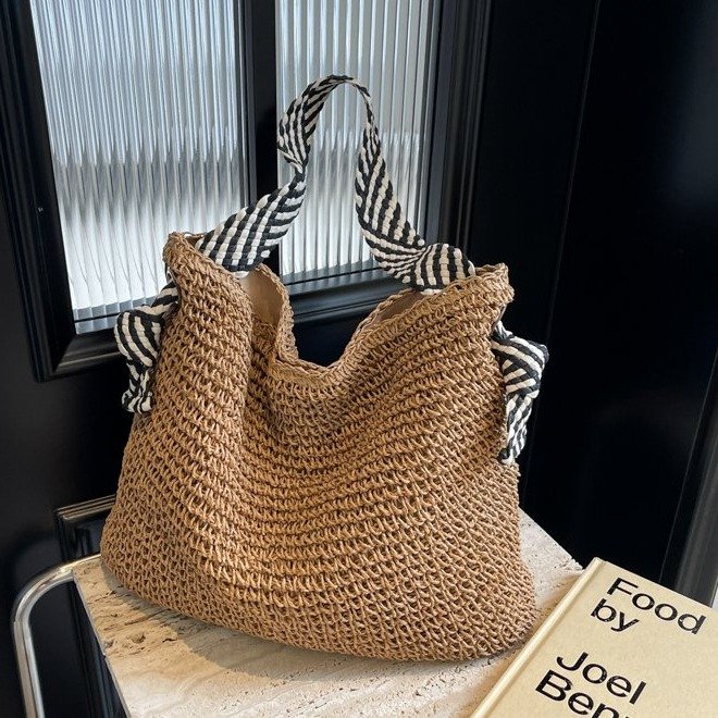 Navy style new hand-woven wide shoulder strap straw bag 2024 women's bag striped knotted adjustable shoulder bag