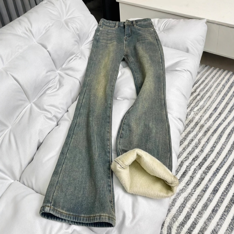 Velvet thickened retro blue straight jeans for women winter large size fat mm high waist hip-covering elastic slightly flared horseshoe pants