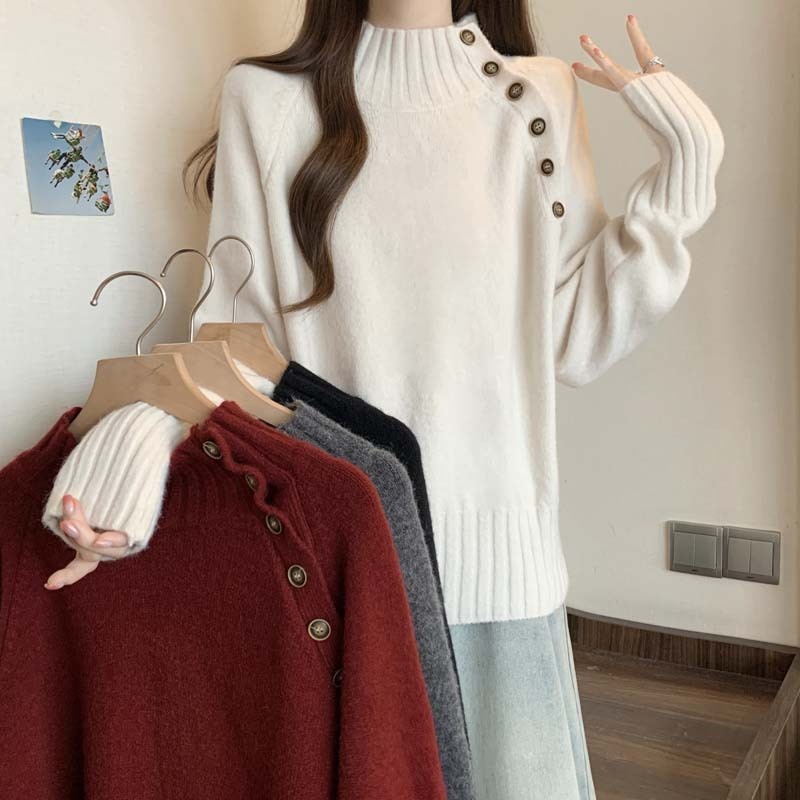 2024 new autumn and winter simple Korean style half turtleneck knitted sweater women's large size versatile casual top