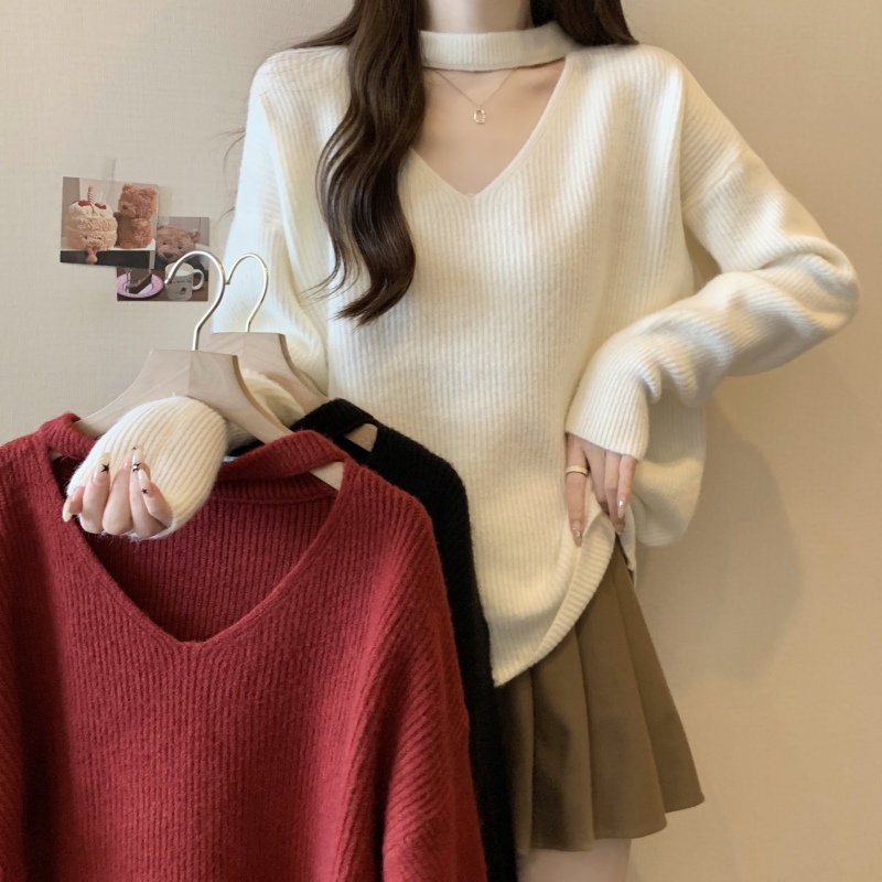 Large size design hollow V-neck halter sweater women's winter new fat mm slimming top