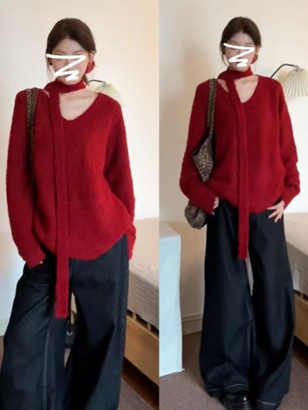 Large size fat mm red loose V-neck sweater women's autumn and winter new high-end lazy style sweater jacket top