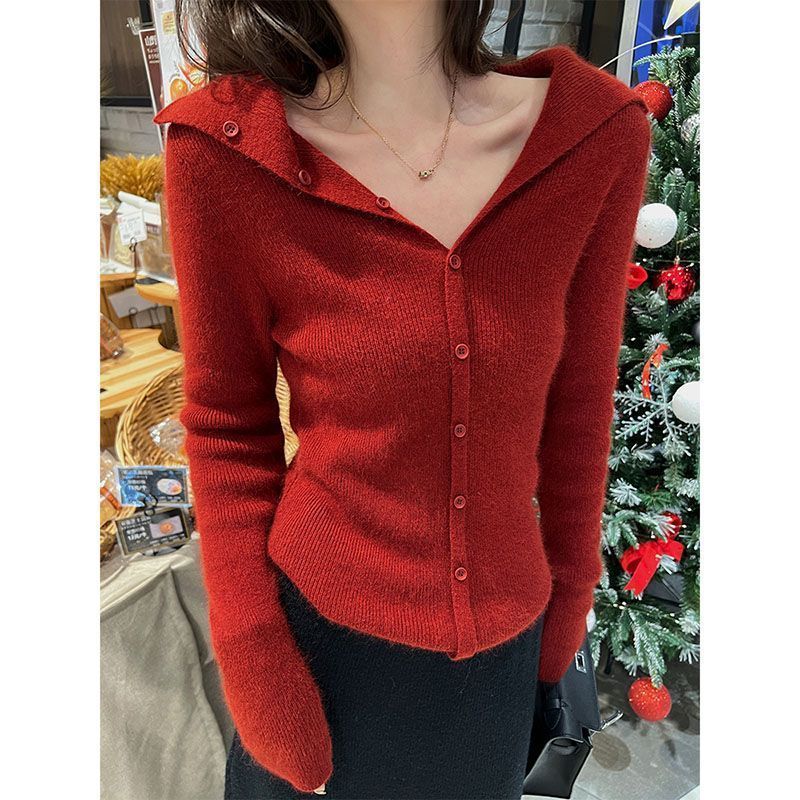 French Lapel New Year's Knitted Cardigan Women's Autumn and Winter New Lazy Style Slim-fitting Bottoming Sweater
