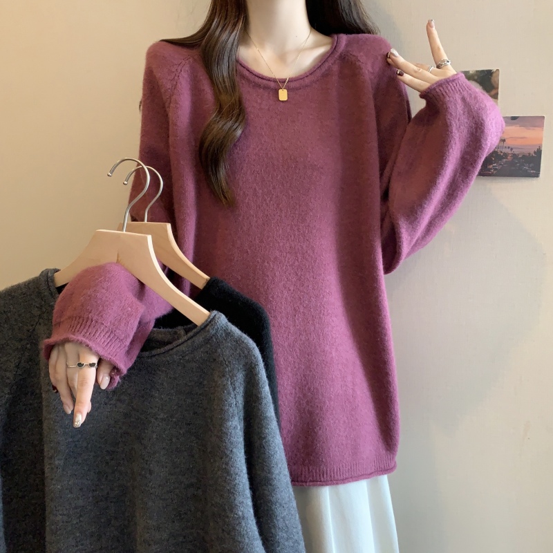 Large size autumn and winter thickened new sweater rose purple stylish round neck Korean version versatile lazy style sweater