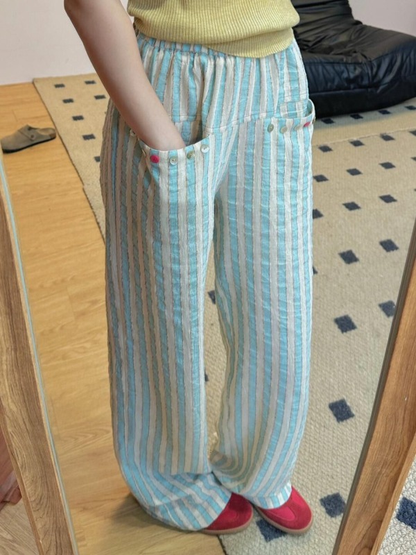 Designed lazy striped textured walking trousers for women with high waist, loose, thin, wide-leg pants for summer