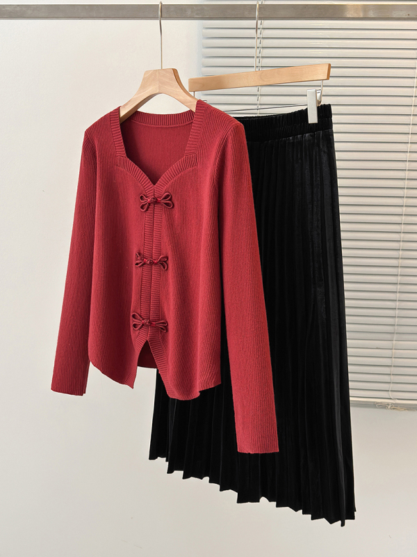 2024 new autumn and winter clothing for fat mm plus size women new Chinese style knitted sweater top velvet skirt suit
