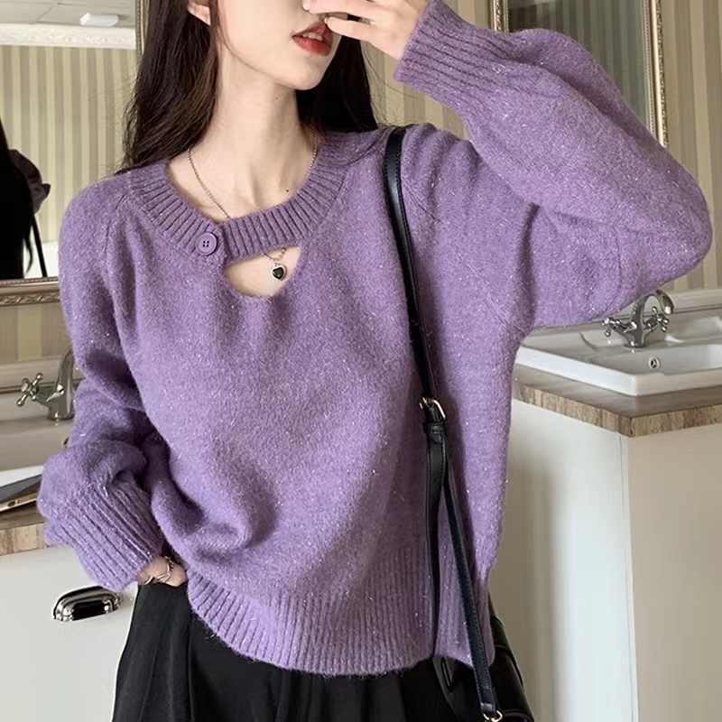 Korean style design with careful machine hollow out thickened knitted sweater for women 2024 autumn and winter loose casual slim top