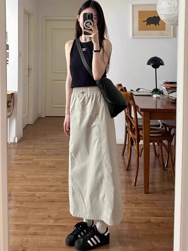 American-style high-waisted workwear skirt for women in summer, thin section for fat mm, back slit drawstring to cover belly, slimming, large size mid-length skirt