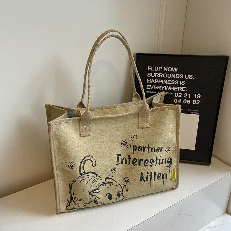 Autumn and winter large-capacity kitten cute canvas tote bag women's letter printed shoulder bag travel handbag
