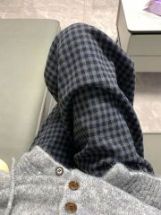 Retro contrasting plaid wide-leg pants for women in autumn and winter plus velvet and thickened lazy style casual pants