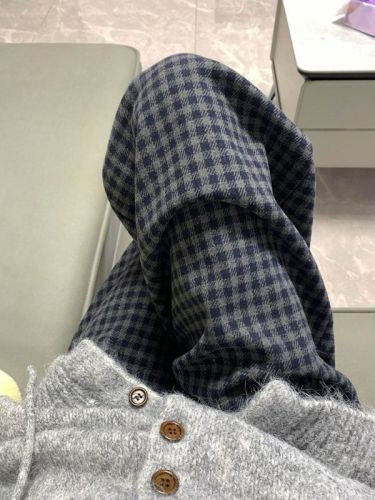 Retro contrasting plaid wide-leg pants for women in autumn and winter plus velvet and thickened lazy style casual pants