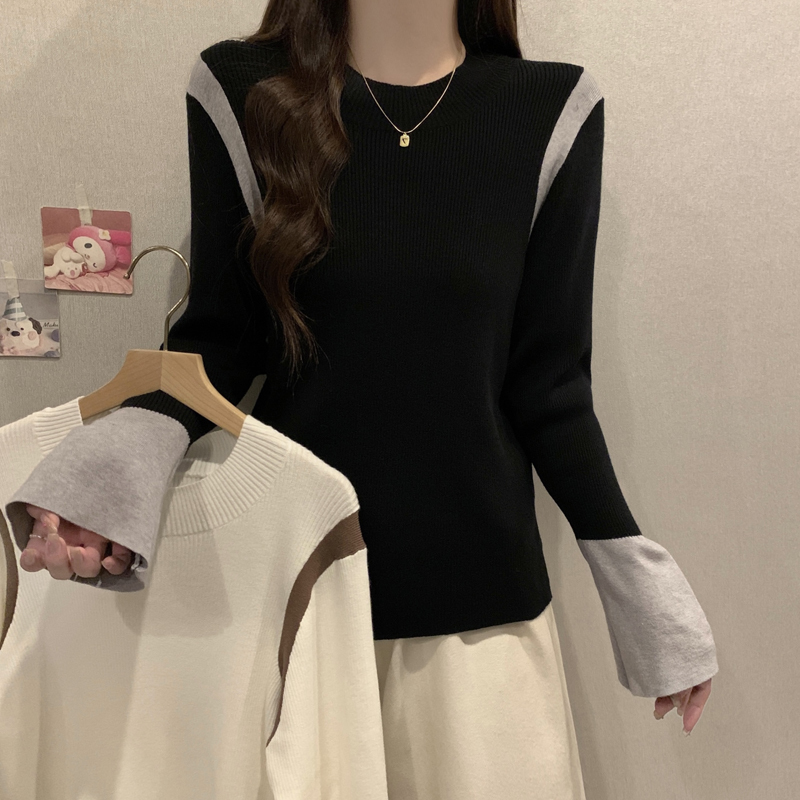 2024 plus size women's autumn and winter new knitted bottoming shirts for fat girls to reduce their age and contrast color sweater tops