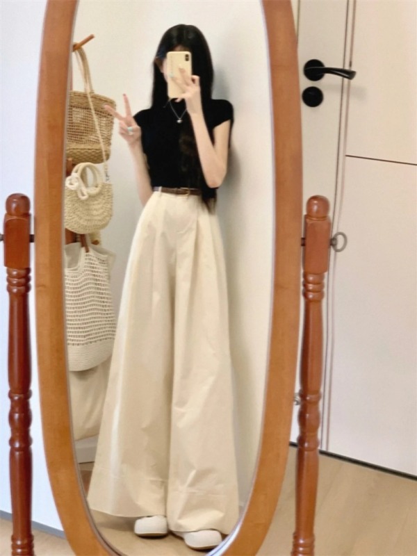 New autumn style apricot pants, high-waisted, straight, versatile, loose, commuting, casual wide-leg trousers