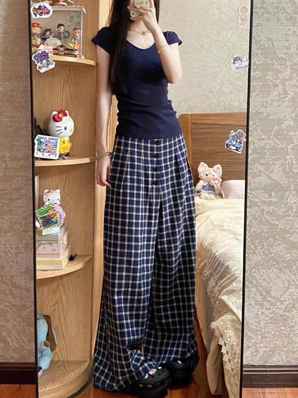 Plaid casual pants for women, summer thin, fat girl, mm, pear-shaped figure, high waist, loose, slimming, wide-leg floor-length trousers