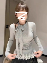 Plus size women's lace spliced ​​neckline lace-up slim fit simple and high-end inner top