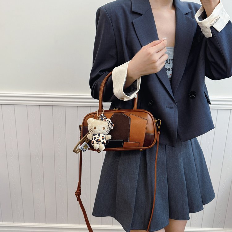 New hobo stitched leather briefcase stitched bowling bag retro long handle handmade embossed square
