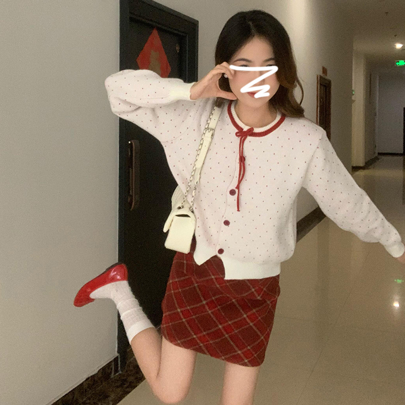 Girly Love Jacquard Knitted Sweater Jacket New Loose Slim Short Lace Top Skirt Suit
