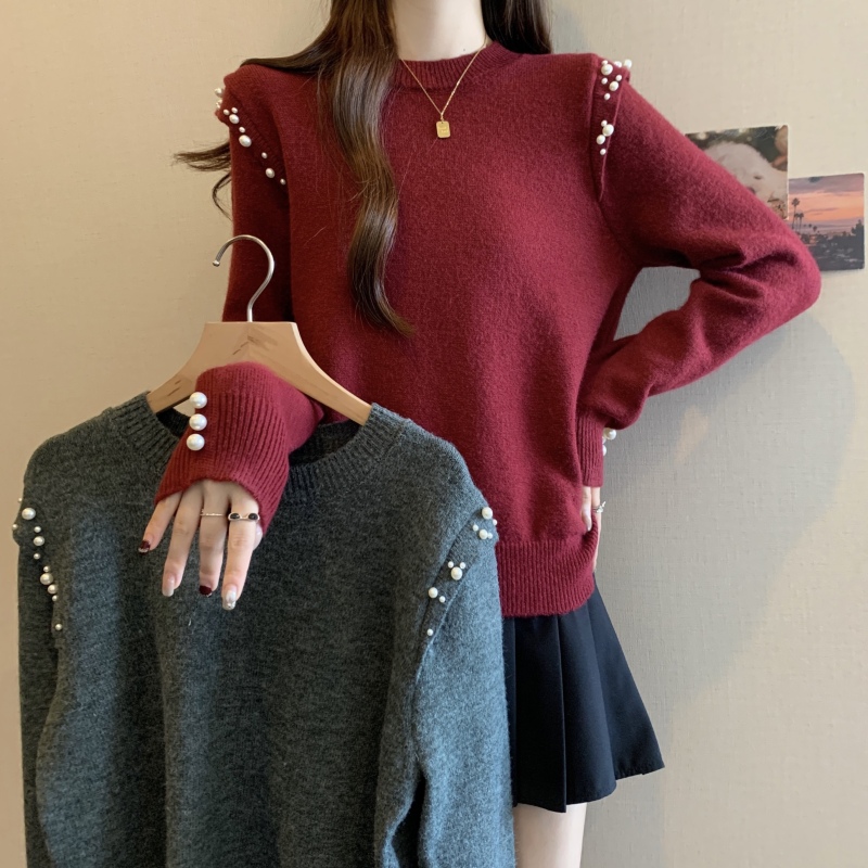 Large size autumn and winter new Korean version slightly fat heavy industry beading lazy style round neck pullover loose sweater