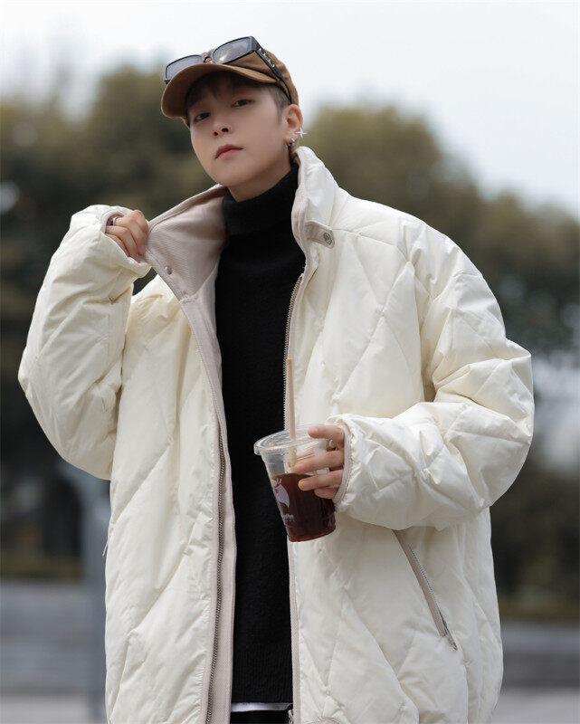 New winter diamond check loose stand collar couple's warm cotton coat