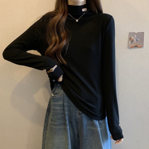 Spot large size design semi-high collar label long-sleeved slimming T-shirt women's autumn bottoming shirt 1387