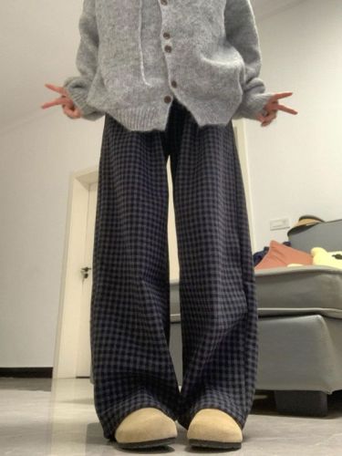 Retro contrasting plaid wide-leg pants for women in autumn and winter plus velvet and thickened lazy style casual pants