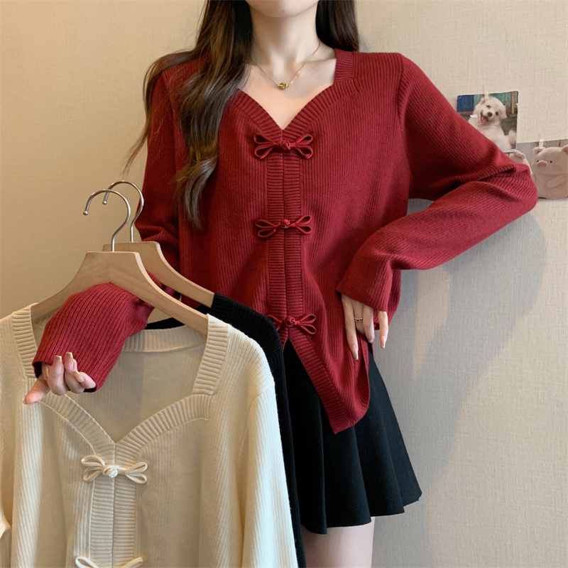 Spot large size autumn and winter fat sister 2025 spring and autumn retro slit knitted long-sleeved fat mm sweater