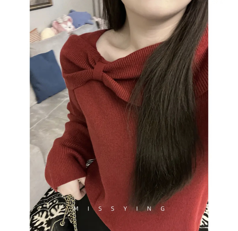 Slightly chubby plus size slim retro style literary French big bow sweater sweater