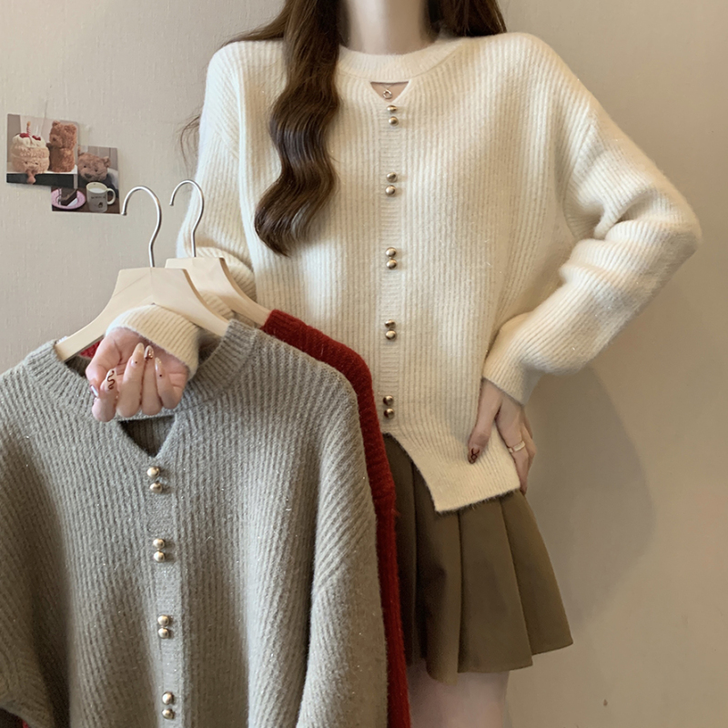 2024 autumn and winter new style thickened single-breasted versatile sweater sweater for women large size loose shoulder sleeve top