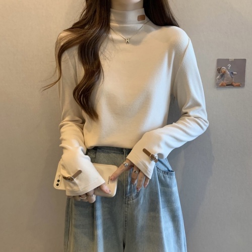 Spot large size design semi-high collar label long-sleeved slimming T-shirt women's autumn bottoming shirt 1387