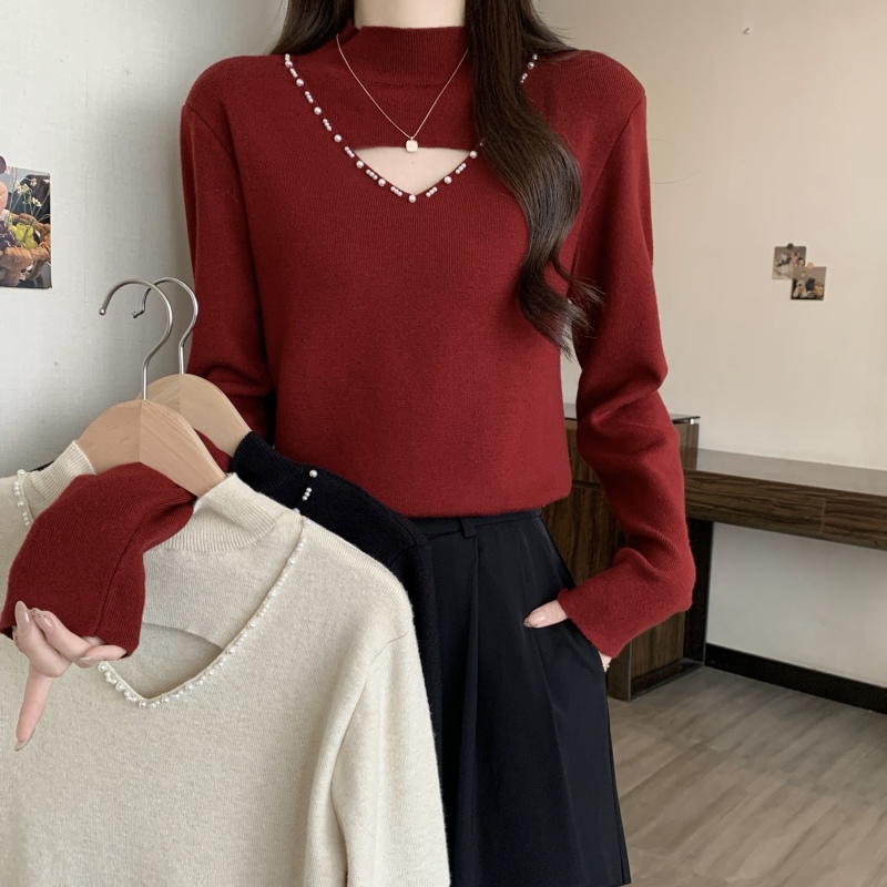 Large size half turtleneck hollow sweater for women in autumn and winter for fat women, high-end heavy beading top with bottoming shirt