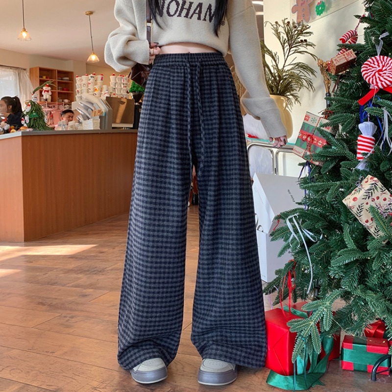 Large size elastic waist plaid wool casual pants women's trousers fat mm straight wide leg pants slimming pants