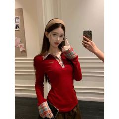 Fat sister's design polo collar long-sleeved sweater for women 2024 autumn and winter new style fake two-piece plaid splicing top