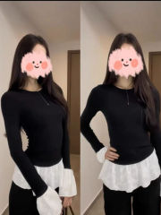 Large size fat mm French design lace splicing long-sleeved T-shirt winter fleece slim slim bell sleeve top