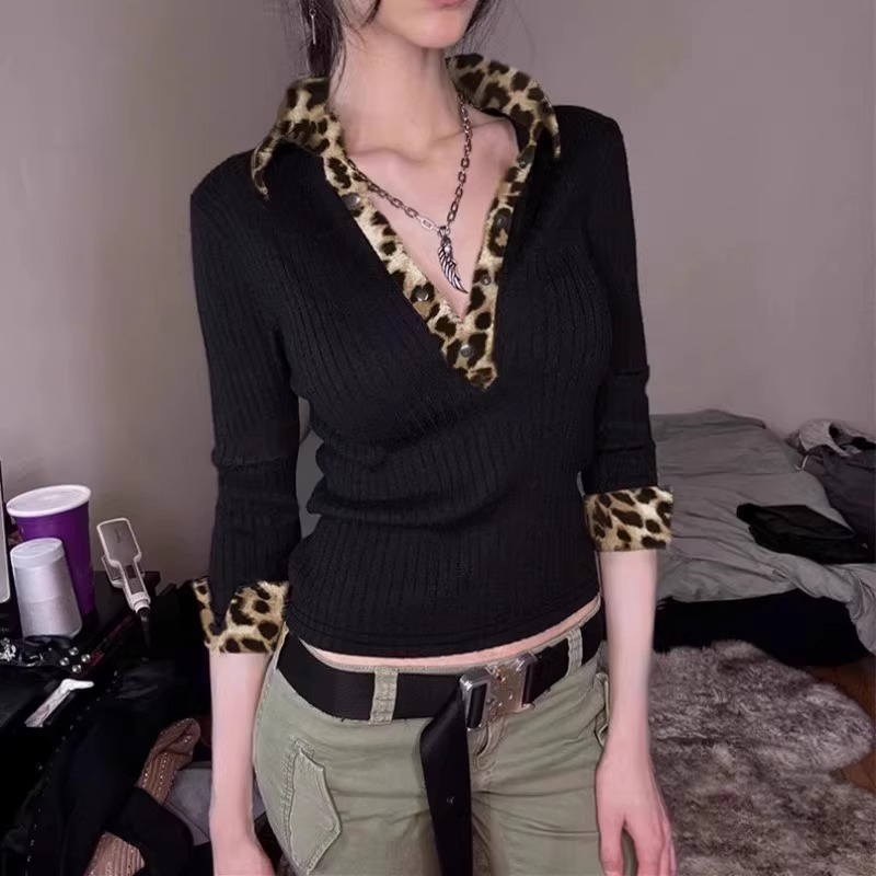 Korean style American hot girl leopard print stitching V-neck T-shirt for women 2024 autumn and winter new slim-fitting bottoming shirt trendy top