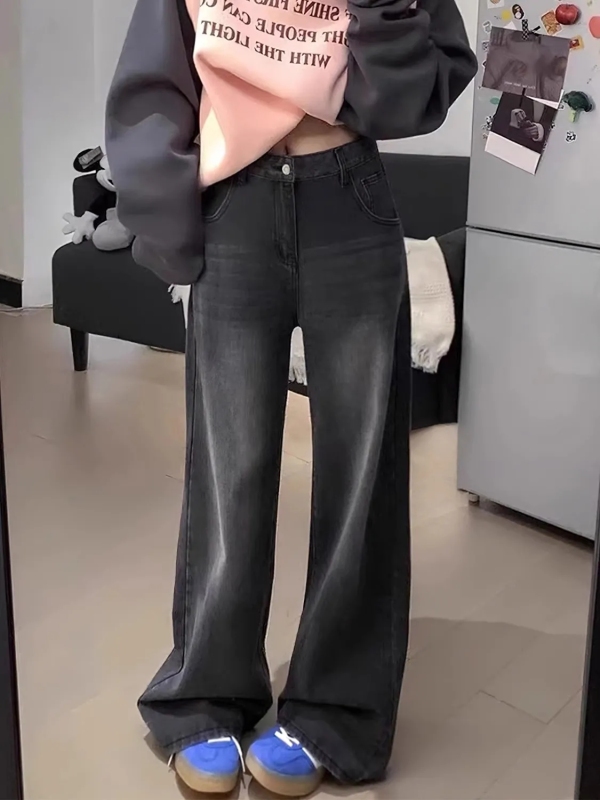 Black and gray straight jeans for women in autumn new style for fat girls mm pear-shaped figure high waist loose slimming wide leg pants