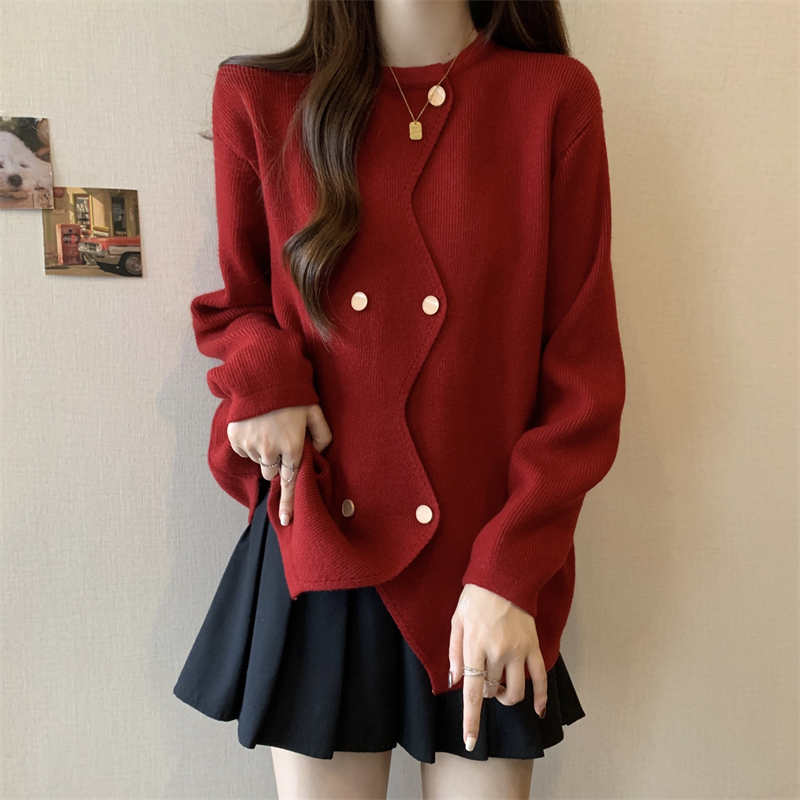 Slightly fat plus size women's autumn and winter chubby mm irregular double-breasted knitted cardigan red sweater jacket