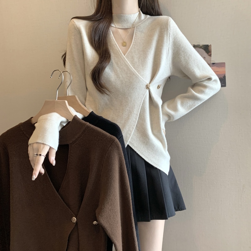 Plus size women's belly-covering cross-hollow V-neck scarf right-shoulder knitted bottoming shirt for women with fat mm in autumn and winter