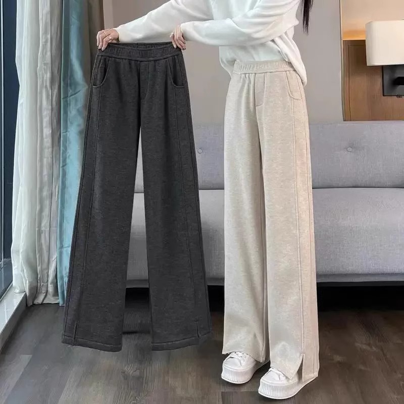 Plush velvet warm casual woolen pants for women in winter plus size fat mm high waist slimming versatile straight wide leg banana pants