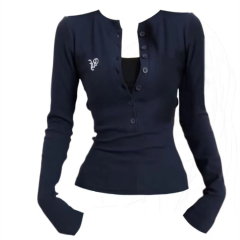 Plus size fat girl American button-breasted tight-fitting long-sleeved T-shirt slim thin bottoming shirt for hot girls versatile style