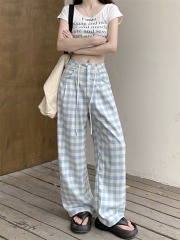 Small fresh blue and white plaid oversize wide leg pants for women, popular style drape straight floor mopping pants