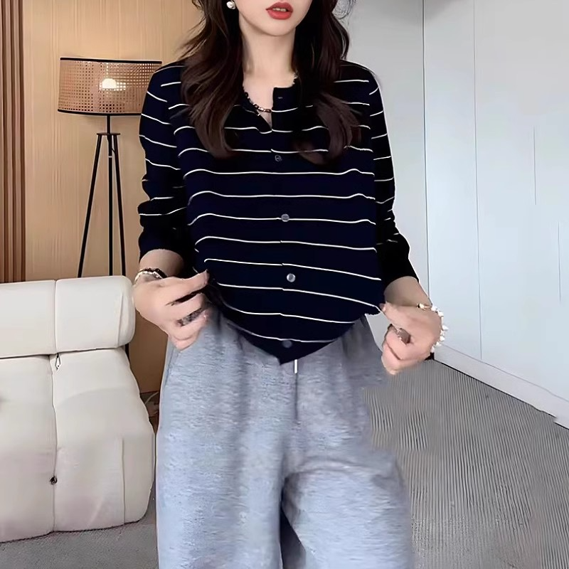 Large size striped lazy sweater sweater for women early autumn new fat mm loose belly-covering slim inner wear top