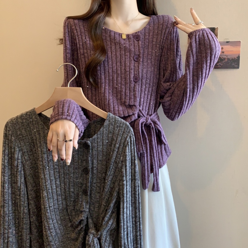 2024 New Large Size Autumn and Winter Fashion Design Flashy Gold Versatile Irregular Slim Lace-up Chic Top