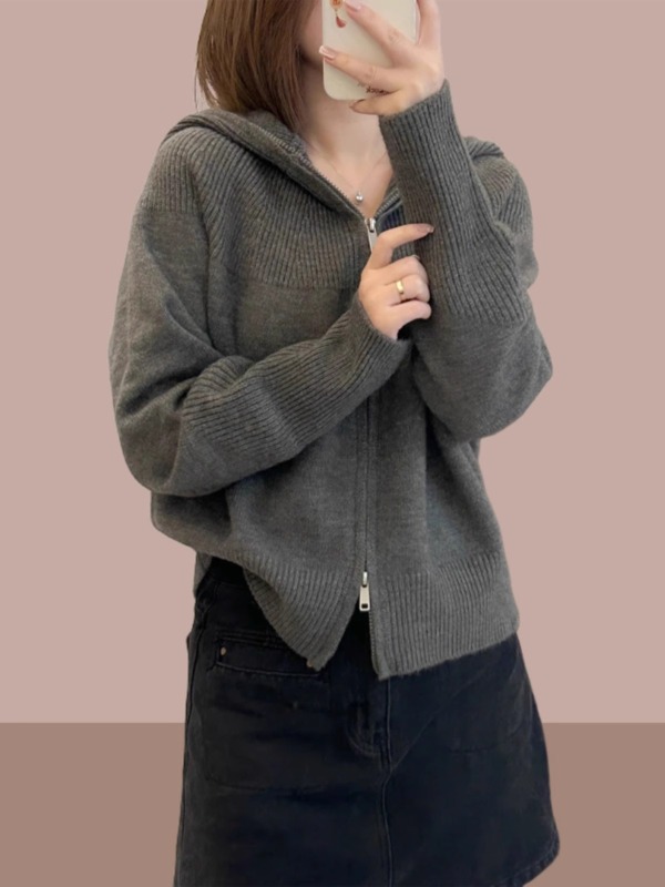 Large size hooded zipper pit solid color knitted cardigan autumn and winter 2024 new loose Korean style sweater jacket for women