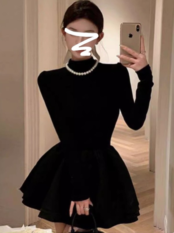 Plus size pure desire French style long-sleeved dress Hepburn daughter little black dress slimming A-line short skirt tutu skirt