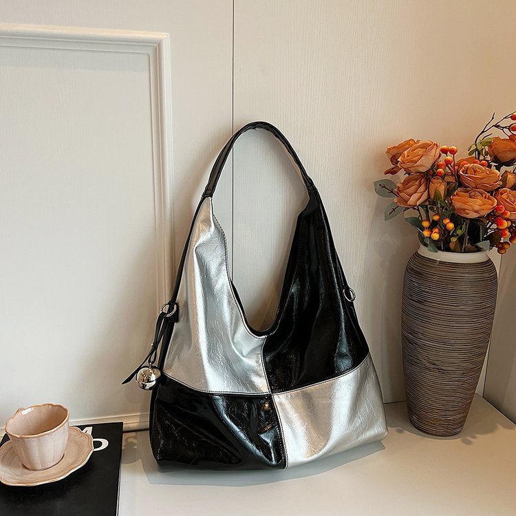 Personalized casual large-capacity spliced ​​tote bag for women 2024 autumn new Korean style single shoulder armpit commuting bag
