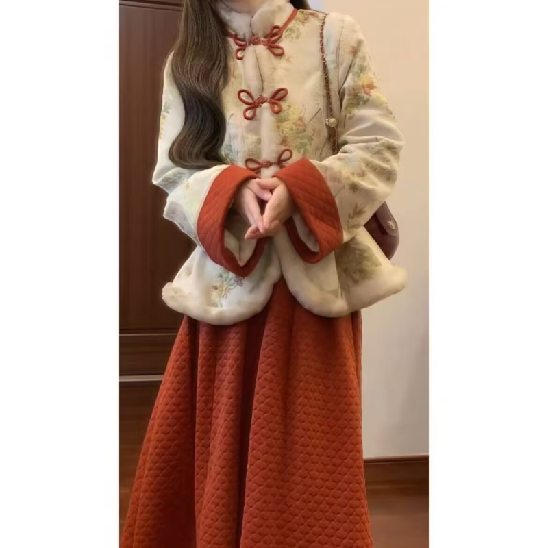 Large size new Chinese style thickened cotton jacket and skirt for women 2024 autumn and winter new year style two-piece set