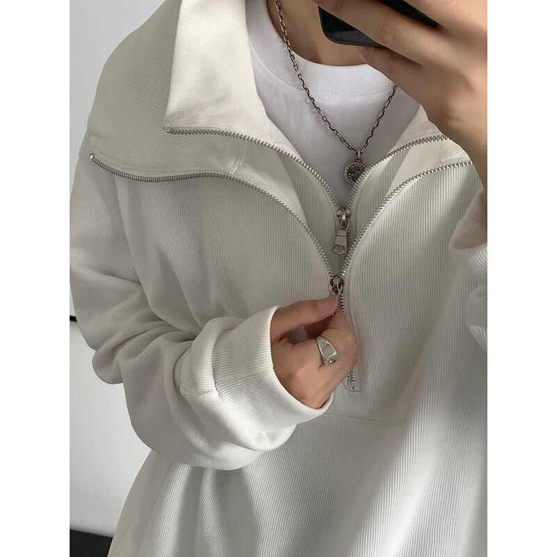 Autumn double-layer collar loose pullover half-zip design clip-on sweatshirt gram jacket for men and women