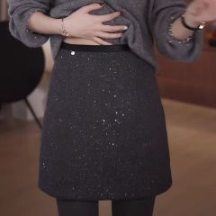 Korean winter exquisite sparkling skirt for women, versatile and stylish A-line slim hip skirt, high-end woolen skirt