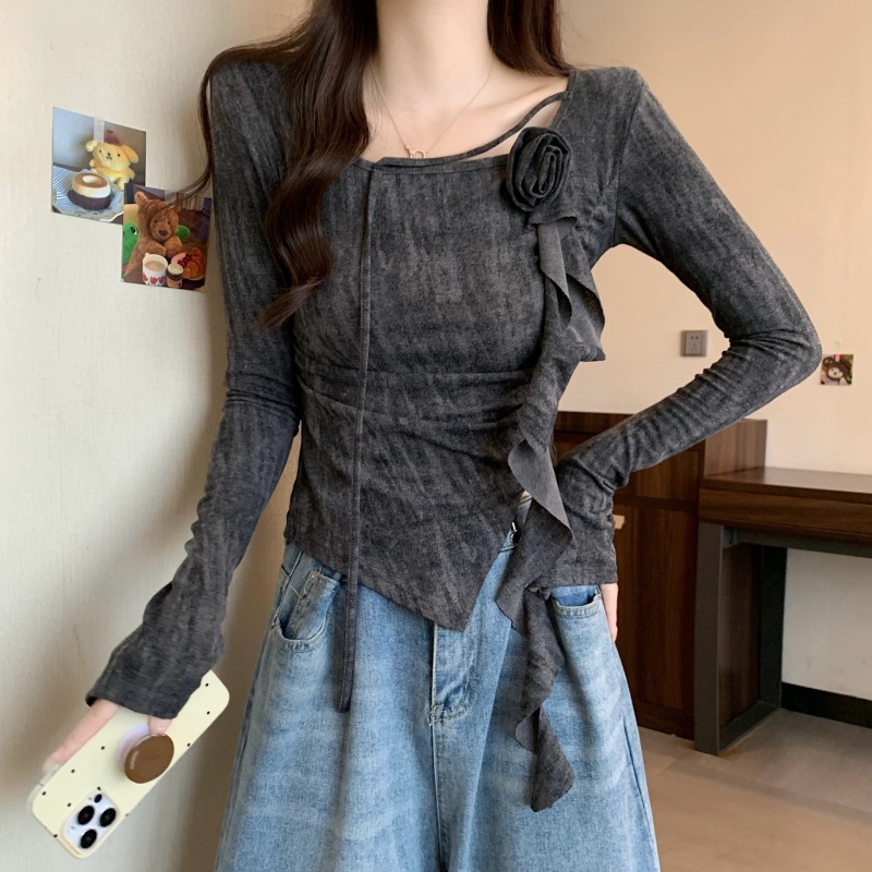 Large size~Autumn and winter new design three-dimensional flower slimming pleated slim tie-dye long-sleeved T-shirt top for women